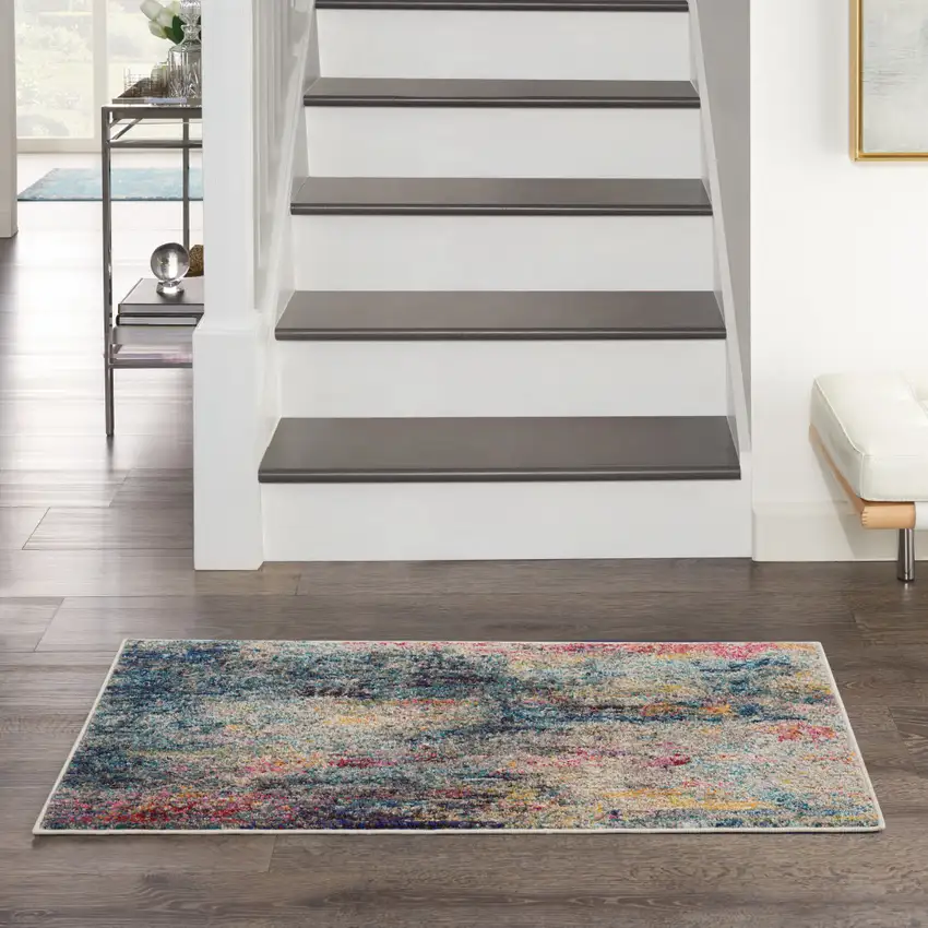 Blue And Beige Abstract Power Loom Non Skid Area Rug Photo 5
