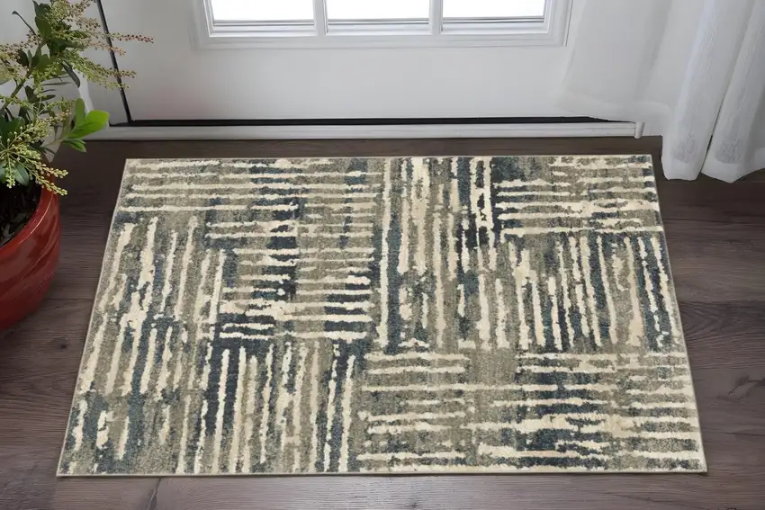 Blue And Beige Abstract Power Loom Stain Resistant Area Rug Photo 1