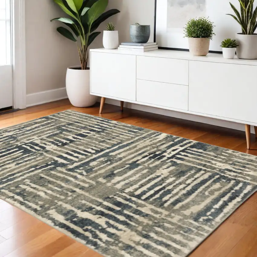 Blue And Beige Abstract Power Loom Stain Resistant Area Rug Photo 1