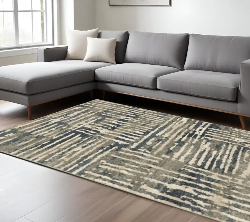 Blue And Beige Abstract Shag Area Rug Photo 1