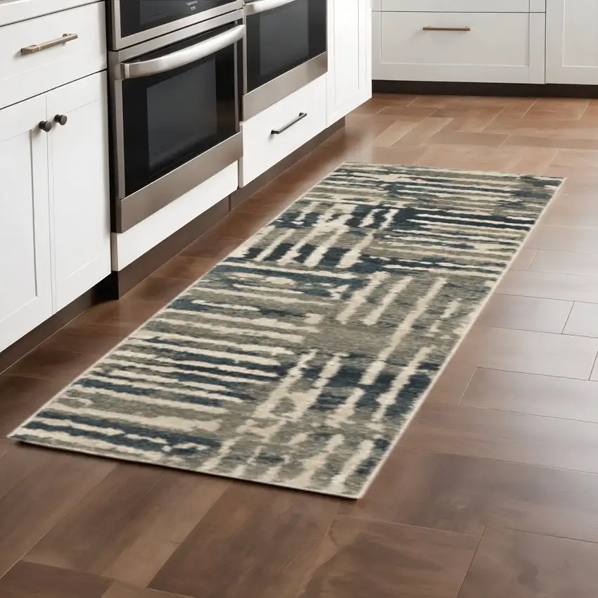 2' X 8' Blue And Beige Abstract Power Loom Stain Resistant Runner Rug Photo 1
