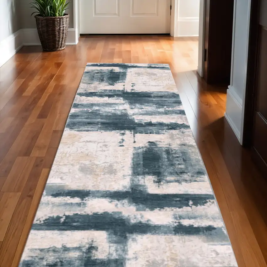 Blue And Beige Abstract Runner Rug Photo 1