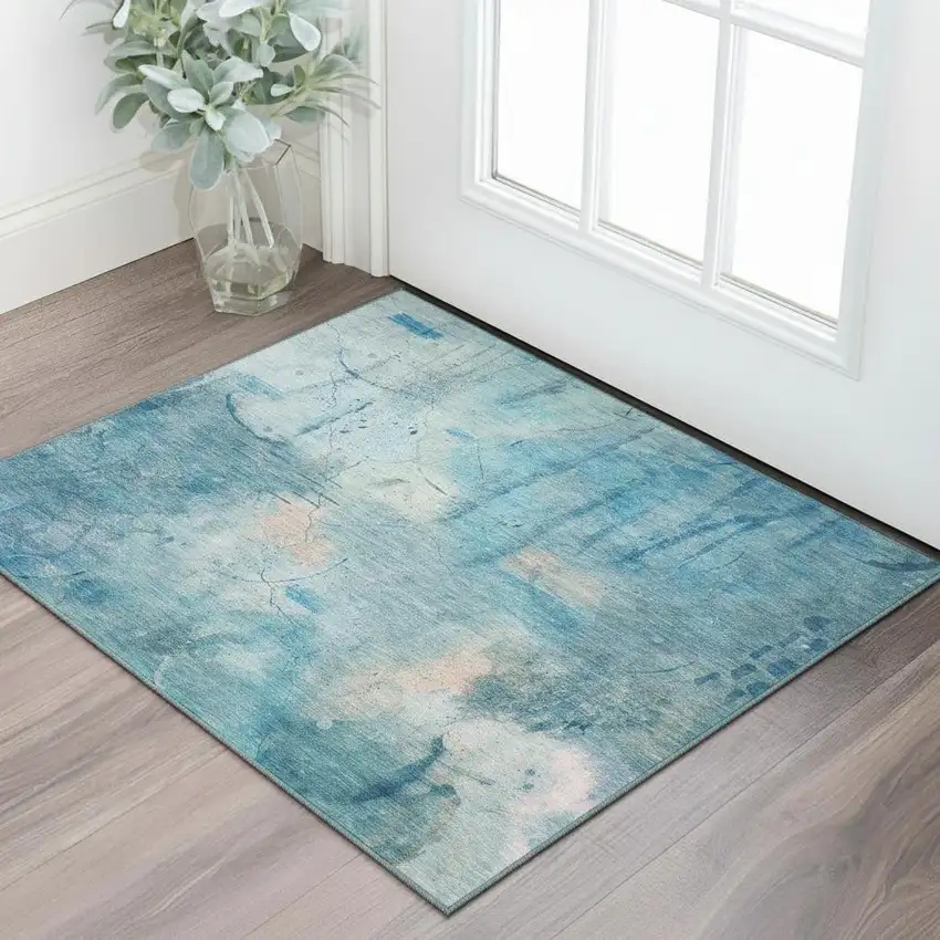 Blue And Beige Abstract Washable Area Rug With UV Protection Photo 2