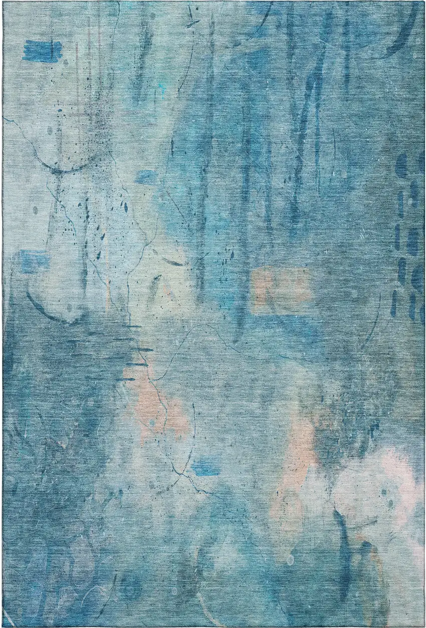 Blue And Beige Abstract Washable Area Rug With UV Protection Photo 1