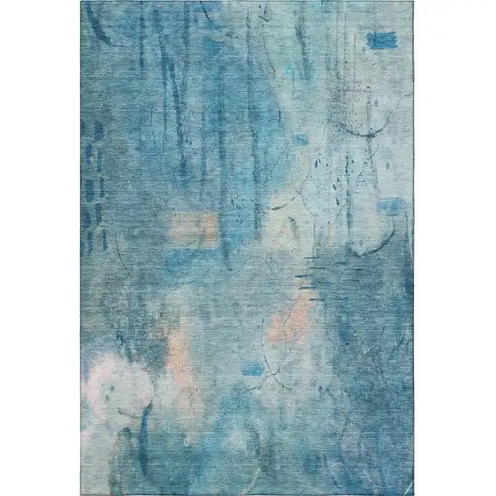 Blue And Beige Abstract Washable Area Rug With UV Protection Photo 4