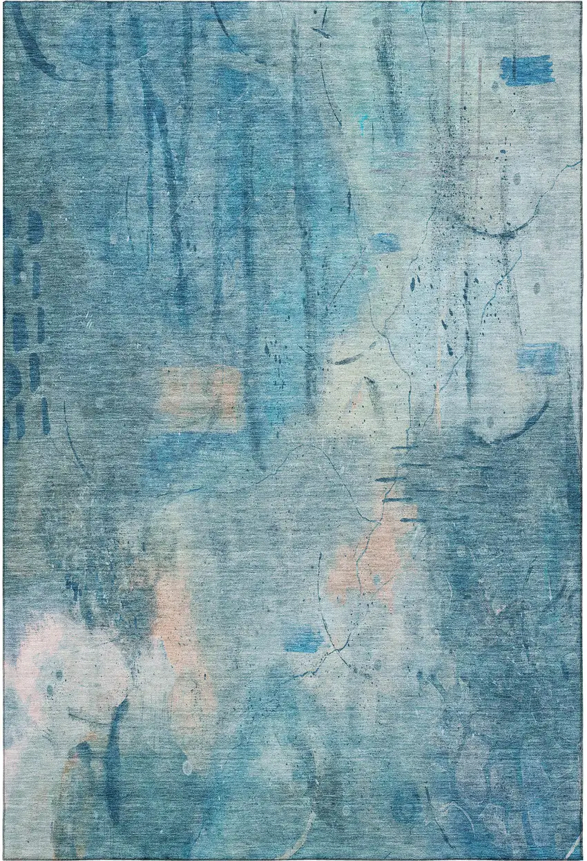 Blue And Beige Abstract Washable Area Rug With UV Protection Photo 4