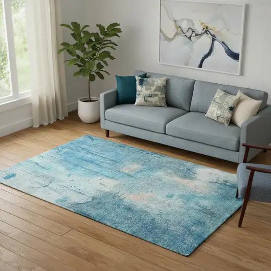 Blue And Beige Abstract Washable Area Rug With UV Protection Photo 2
