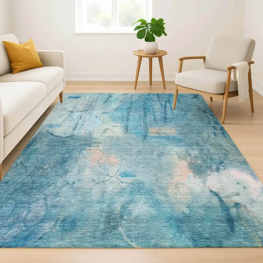 Blue And Beige Abstract Washable Area Rug With UV Protection Photo 6