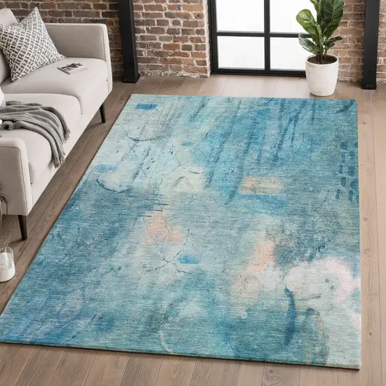 Blue And Beige Abstract Washable Area Rug With UV Protection Photo 5