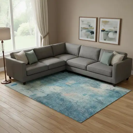 Blue And Beige Abstract Washable Area Rug With UV Protection Photo 2