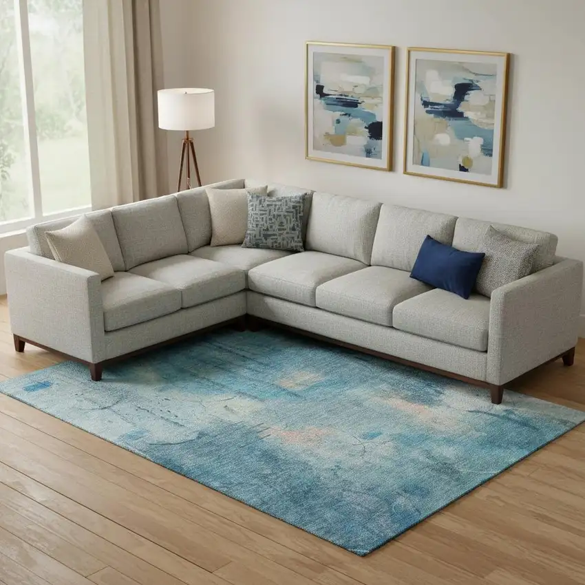 Blue And Beige Abstract Washable Area Rug With UV Protection Photo 2