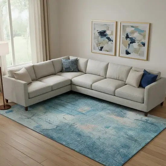 Blue And Beige Abstract Washable Area Rug With UV Protection Photo 2