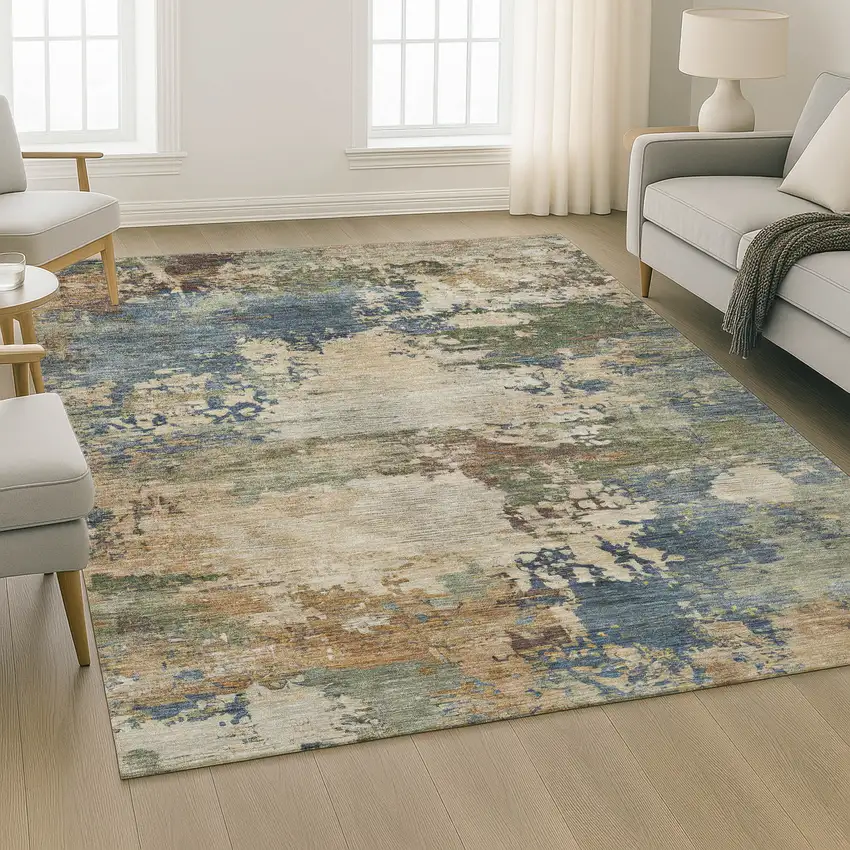 Blue And Beige Abstract Washable Area Rug With UV Protection Photo 6
