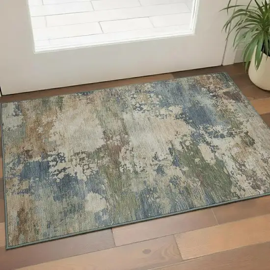 Blue And Beige Abstract Washable Area Rug With UV Protection Photo 2