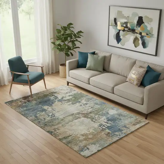 Blue And Beige Abstract Washable Area Rug With UV Protection Photo 2