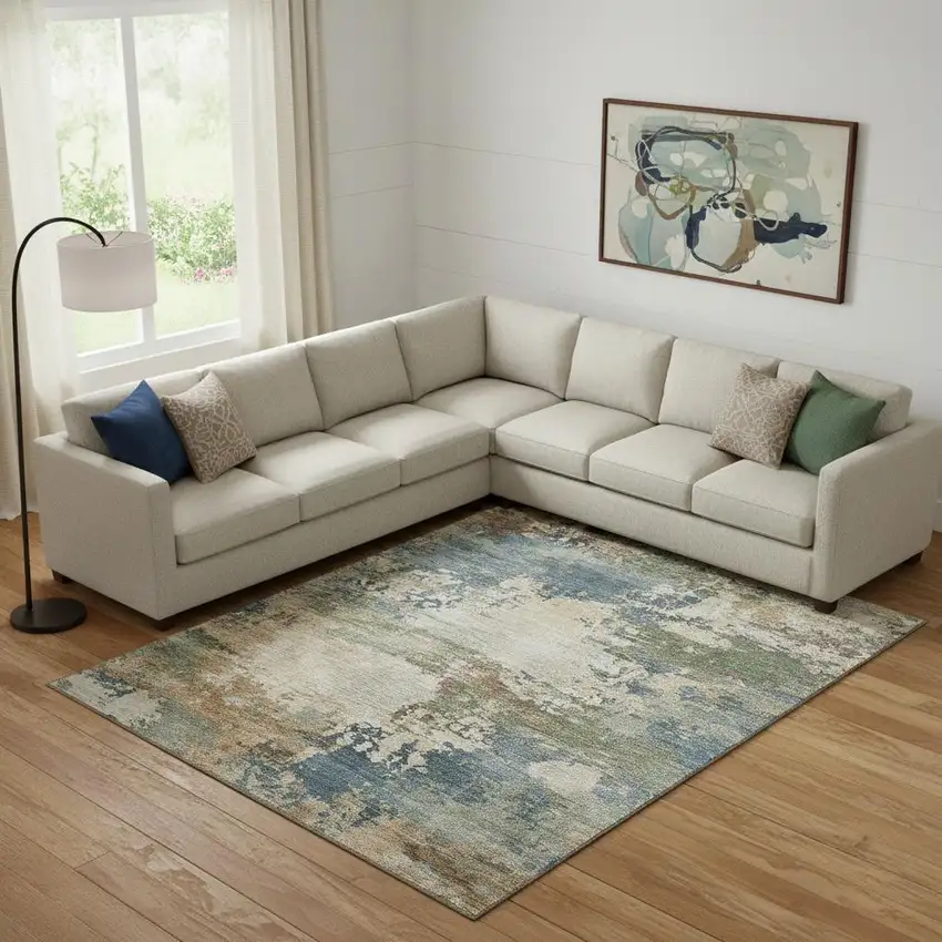 Blue And Beige Abstract Washable Area Rug With UV Protection Photo 2