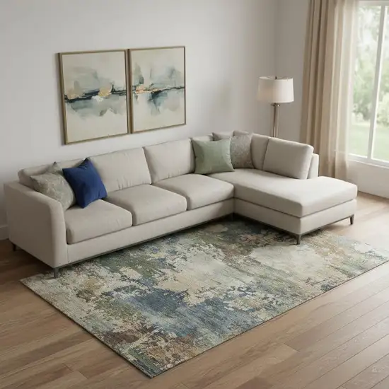 Blue And Beige Abstract Washable Area Rug With UV Protection Photo 2