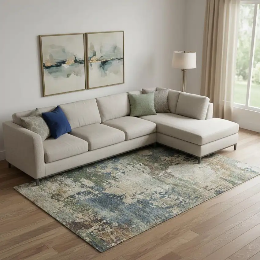 Blue And Beige Abstract Washable Area Rug With UV Protection Photo 2