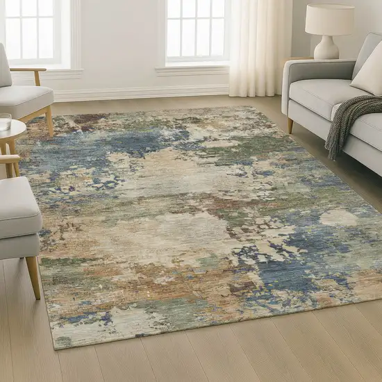 Blue And Beige Abstract Washable Area Rug With UV Protection Photo 6