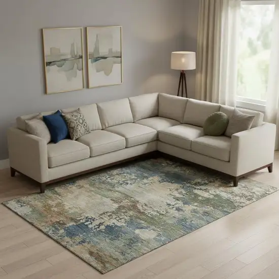 Blue And Beige Abstract Washable Area Rug With UV Protection Photo 2