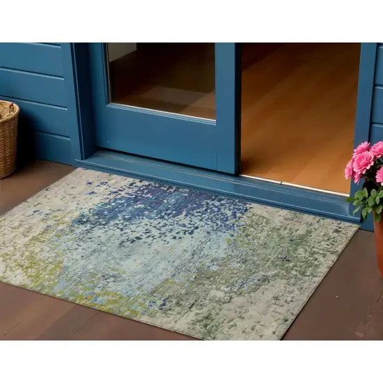 Blue And Beige Abstract Washable Indoor Outdoor Area Rug Photo 2