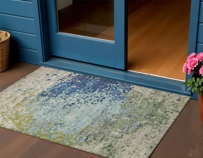 Blue And Beige Abstract Washable Indoor Outdoor Area Rug Photo 2