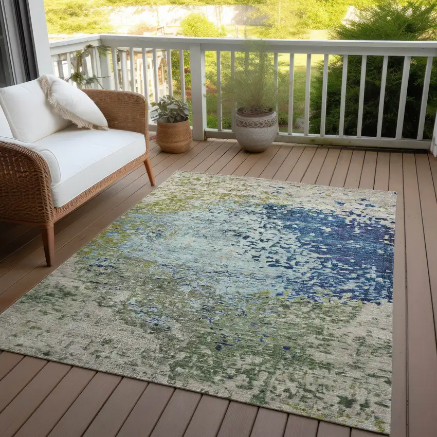 Blue And Beige Abstract Washable Indoor Outdoor Area Rug Photo 5
