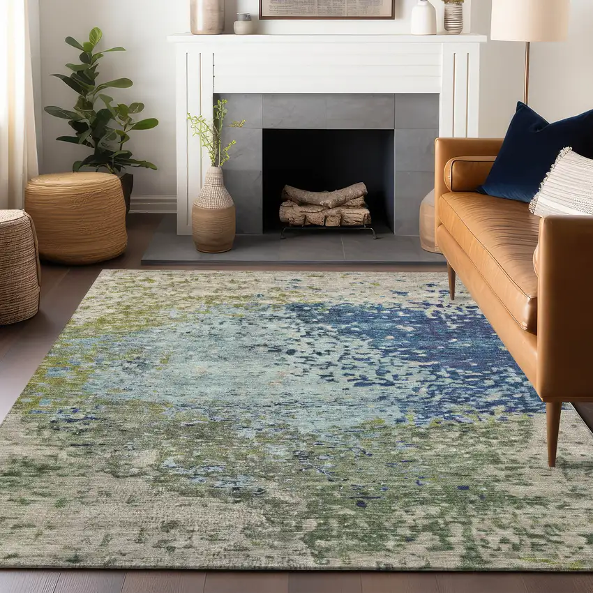 Blue And Beige Abstract Washable Indoor Outdoor Area Rug Photo 6