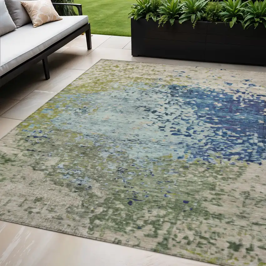 Blue And Beige Abstract Washable Indoor Outdoor Area Rug Photo 2