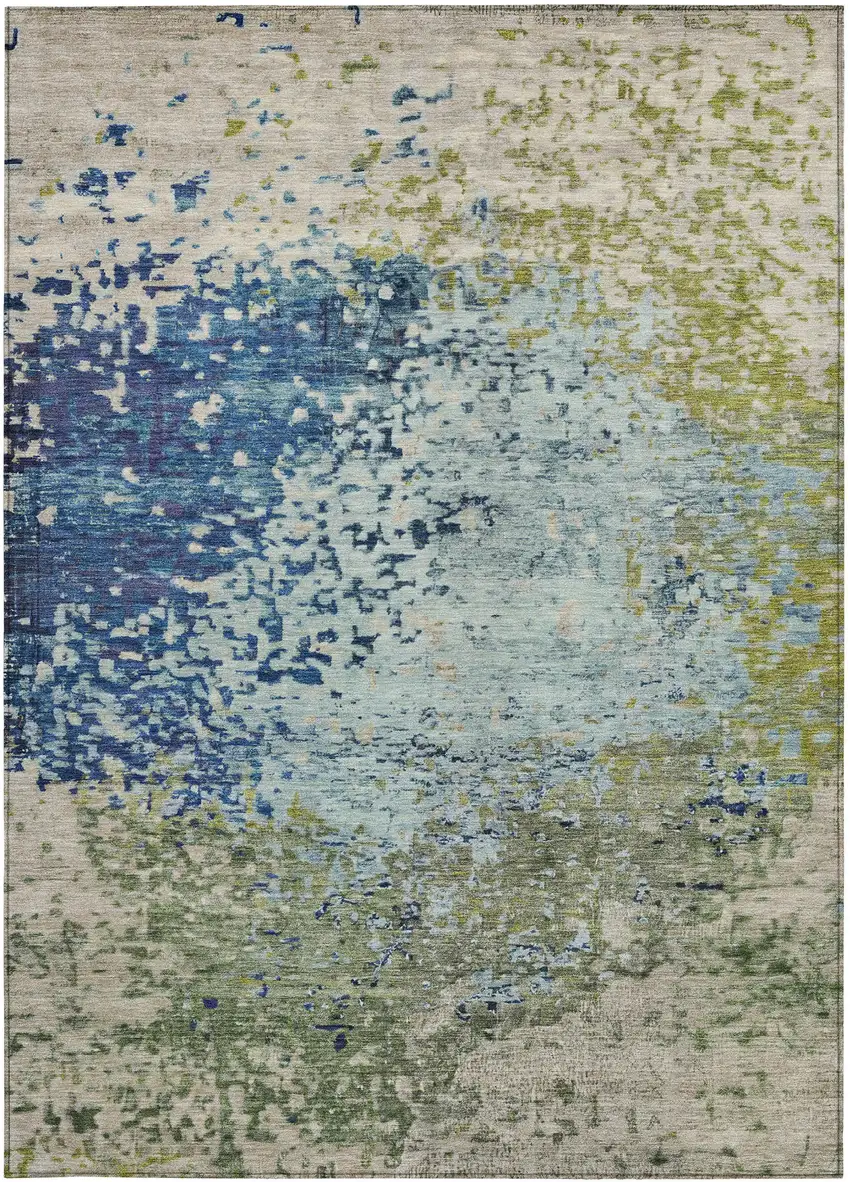 Blue And Beige Abstract Washable Indoor Outdoor Area Rug Photo 3