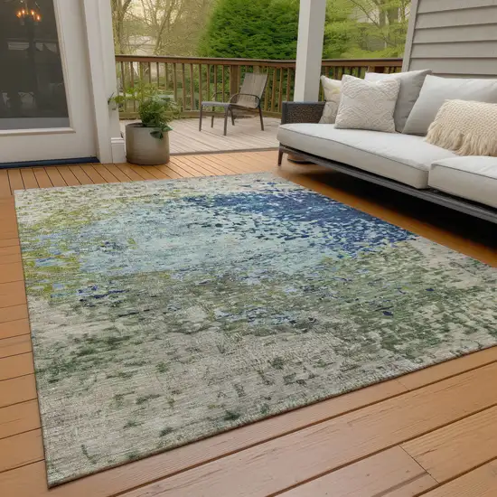 Blue And Beige Abstract Washable Indoor Outdoor Area Rug Photo 8