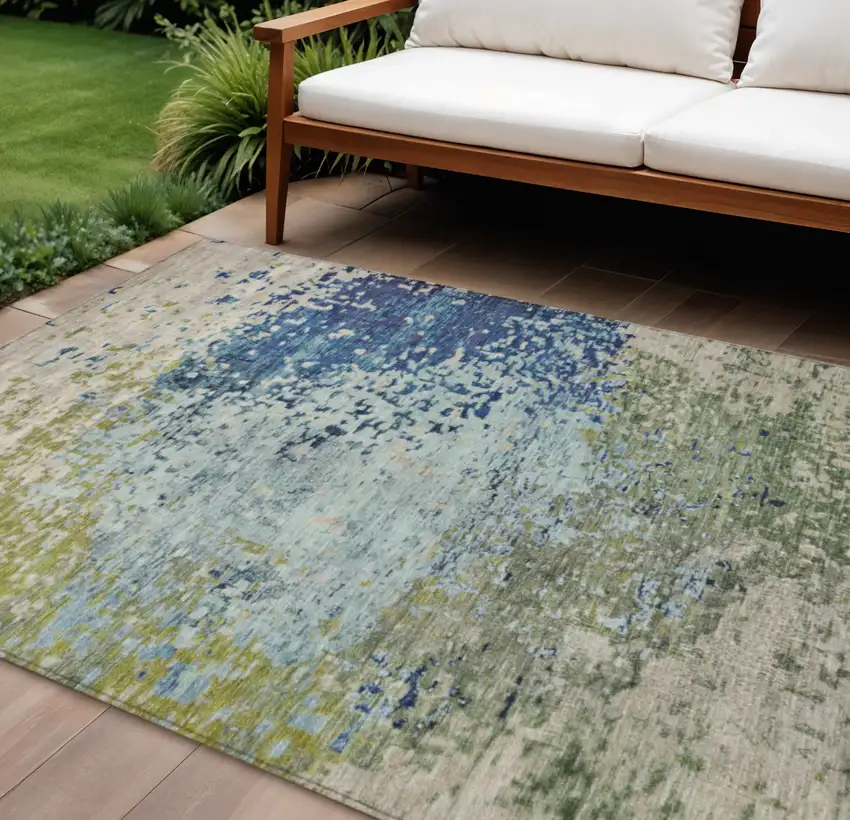 Blue And Beige Abstract Washable Indoor Outdoor Area Rug Photo 2