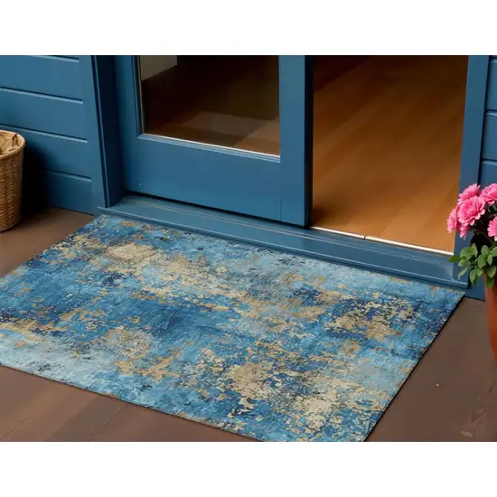 Blue And Beige Abstract Washable Indoor Outdoor Area Rug Photo 2