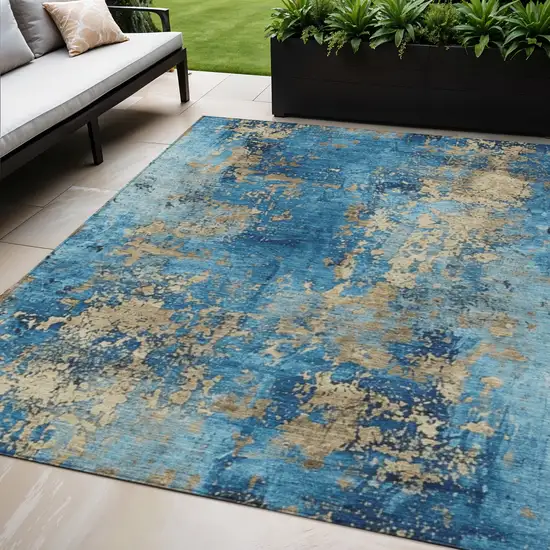 Blue And Beige Abstract Washable Indoor Outdoor Area Rug Photo 2