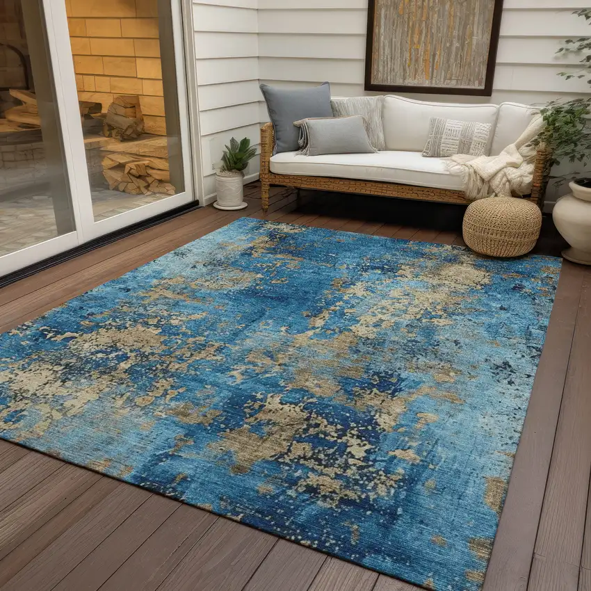 Blue And Beige Abstract Washable Indoor Outdoor Area Rug Photo 4