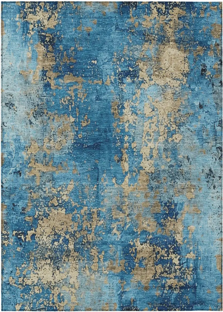 Blue And Beige Abstract Washable Indoor Outdoor Area Rug Photo 8