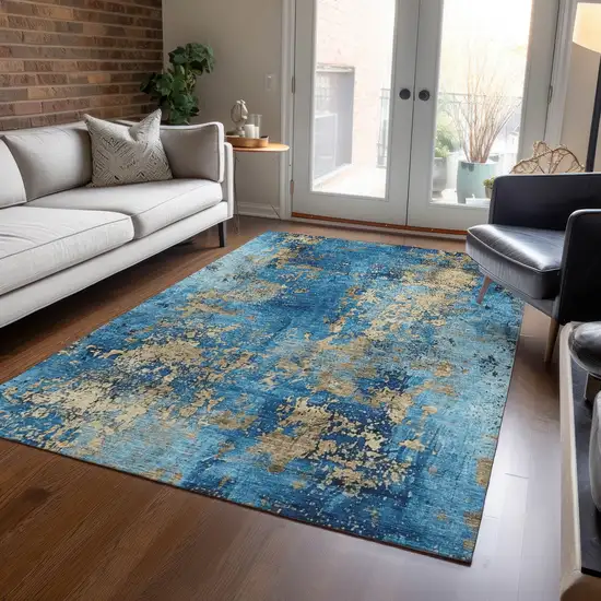 Blue And Beige Abstract Washable Indoor Outdoor Area Rug Photo 4