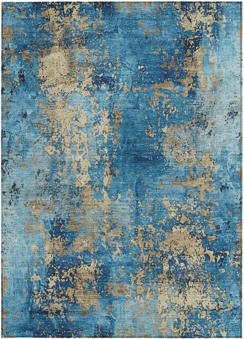 Blue And Beige Abstract Washable Indoor Outdoor Area Rug Photo 8