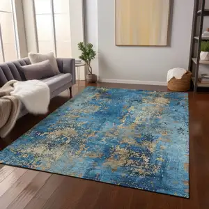 Photo of Blue And Beige Abstract Washable Indoor Outdoor Area Rug