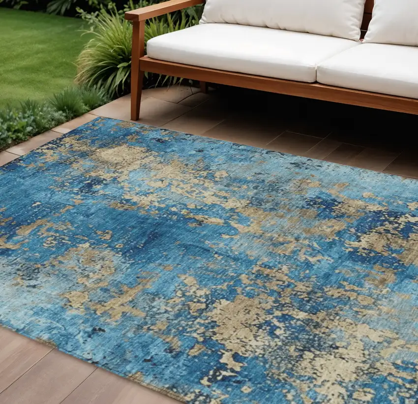 Blue And Beige Abstract Washable Indoor Outdoor Area Rug Photo 2