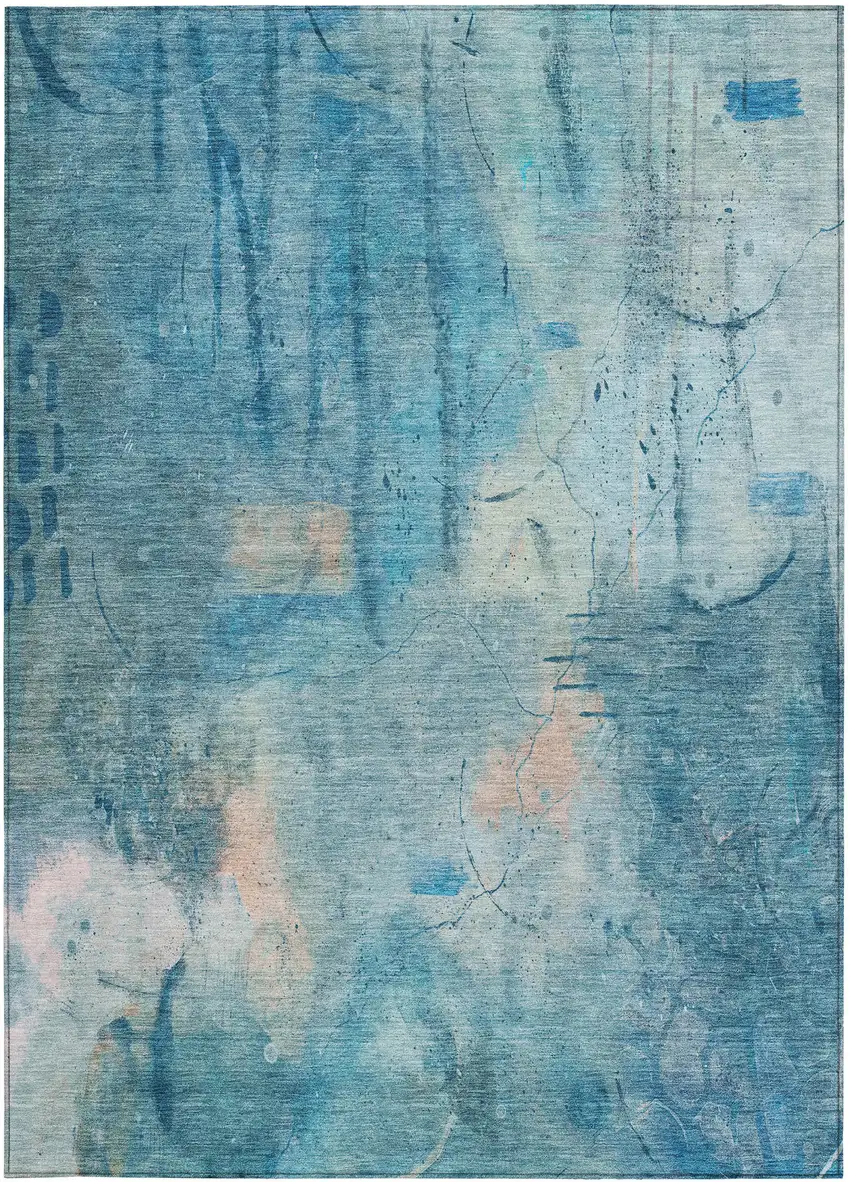 Blue And Beige Abstract Washable Indoor Outdoor Area Rug Photo 1