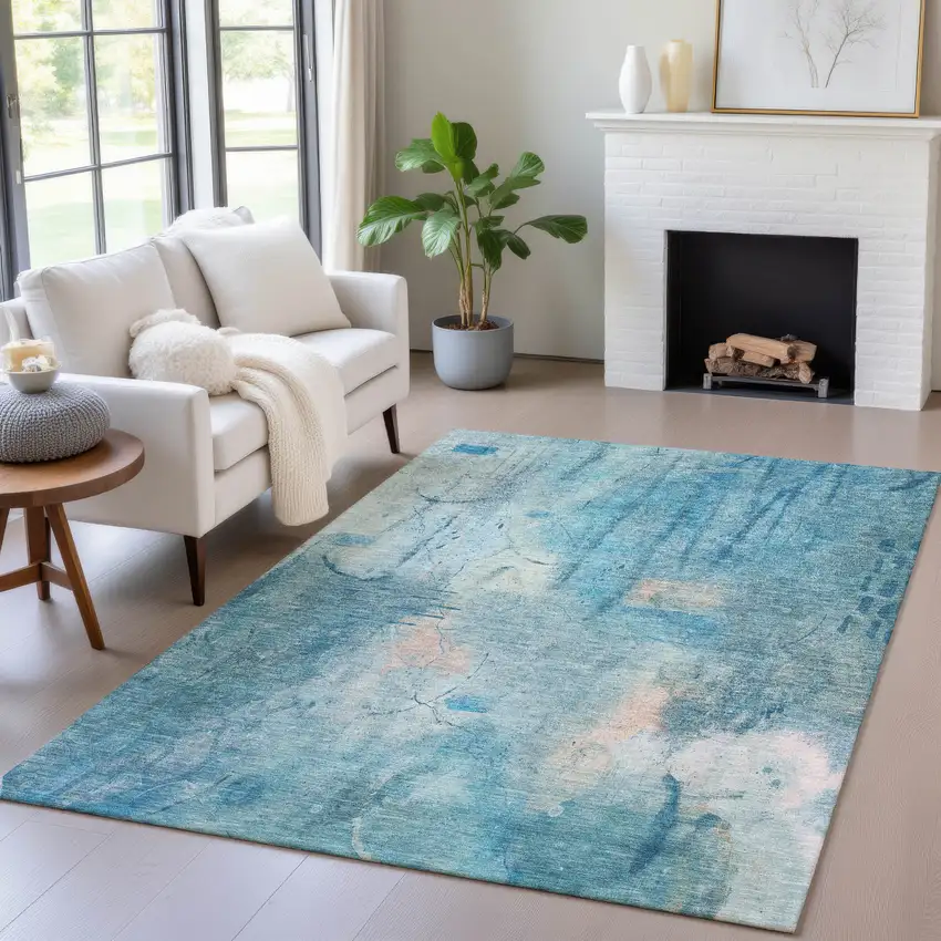 Blue And Beige Abstract Washable Indoor Outdoor Area Rug Photo 5