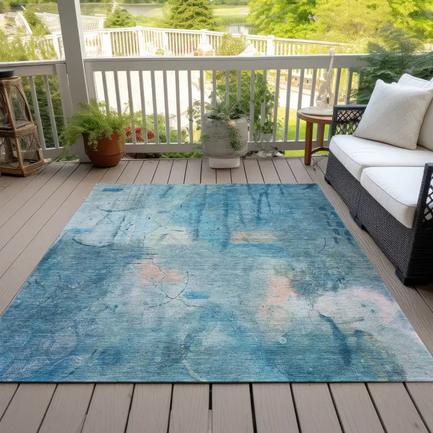 Blue And Beige Abstract Washable Indoor Outdoor Area Rug Photo 6