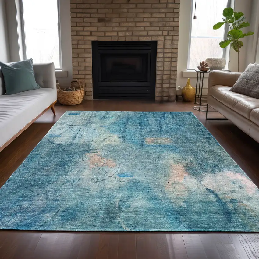 Blue And Beige Abstract Washable Indoor Outdoor Area Rug Photo 5