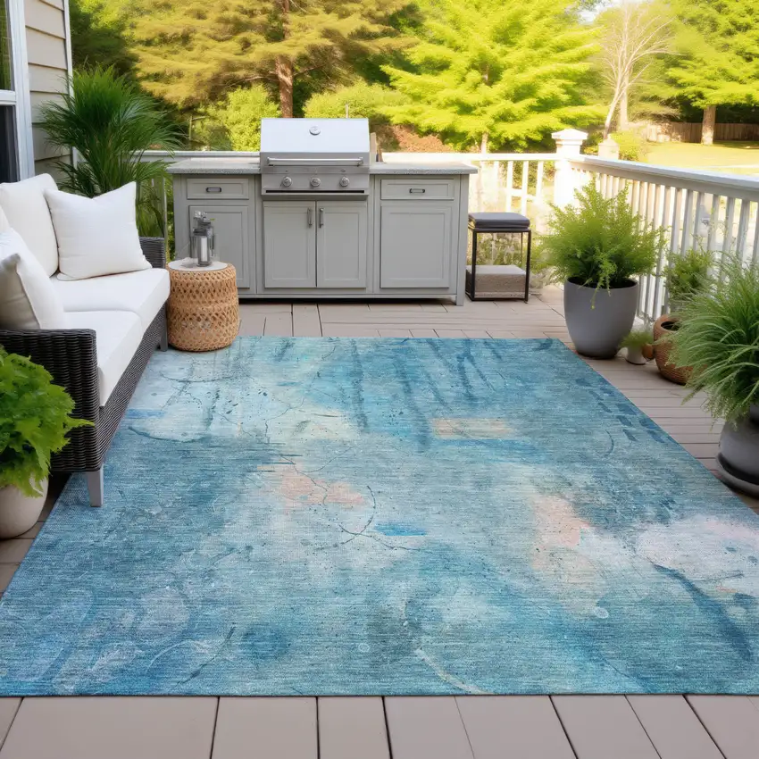 Blue And Beige Abstract Washable Indoor Outdoor Area Rug Photo 4