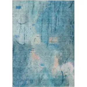 Photo of Blue And Beige Abstract Washable Indoor Outdoor Area Rug