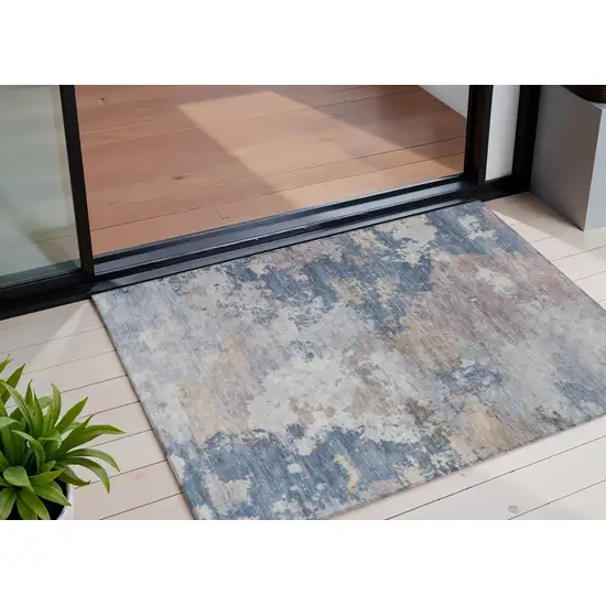 Blue And Beige Abstract Washable Indoor Outdoor Area Rug Photo 1
