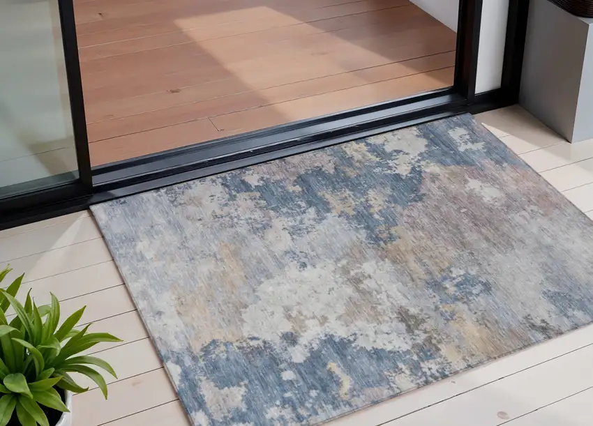 Blue And Beige Abstract Washable Indoor Outdoor Area Rug Photo 1