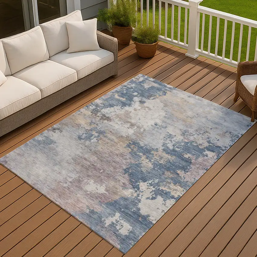 Blue And Beige Abstract Washable Indoor Outdoor Area Rug Photo 4