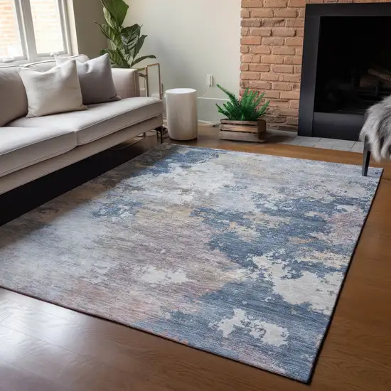 Blue And Beige Abstract Washable Indoor Outdoor Area Rug Photo 6